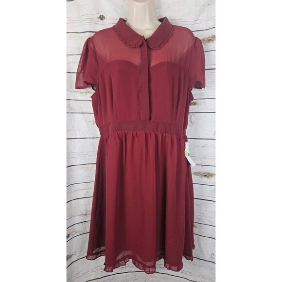 Modcloth Burgundy Sheer Chiffon Dress XL NEW Ruffle Fit & Flare Collared - Picture 4 of 8